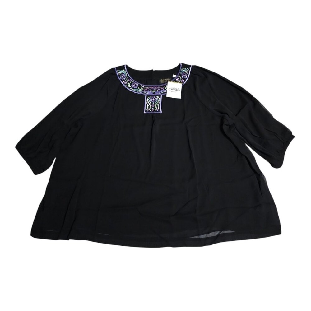 Bob Mackie Floral Embroidered Blouse Top Womens Size 3X Black Flowy Boho NEW
